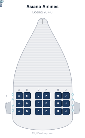 Asiana Airlines Boeing 787-8 seat map layout showing 1-class configuration with 18 seats