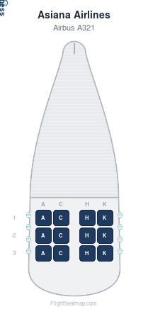 Asiana Airlines Airbus A321 seat map layout showing 1-class configuration with 12 seats