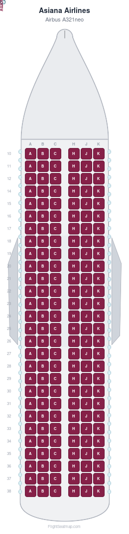 Asiana Airlines Airbus A321neo seat map layout showing 1-class configuration with 168 seats