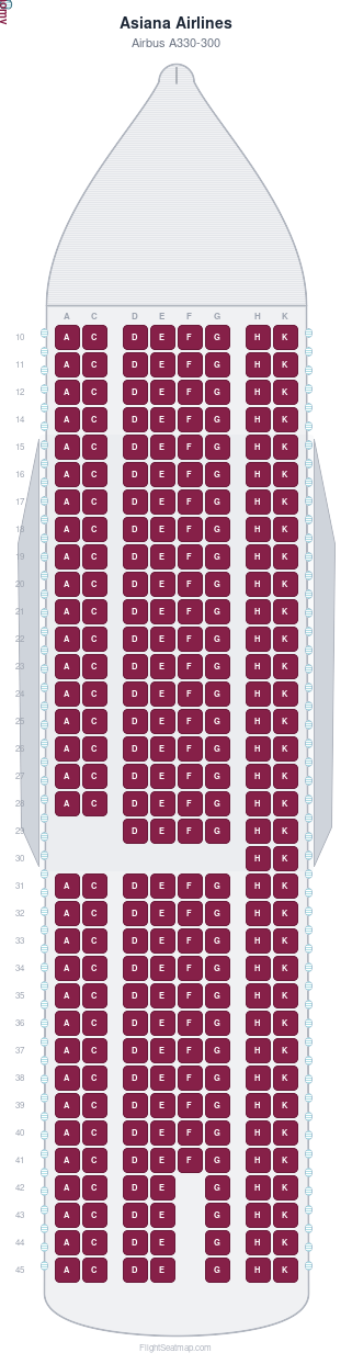 Asiana Airlines Airbus A330-300 seat map layout showing 1-class configuration with 268 seats