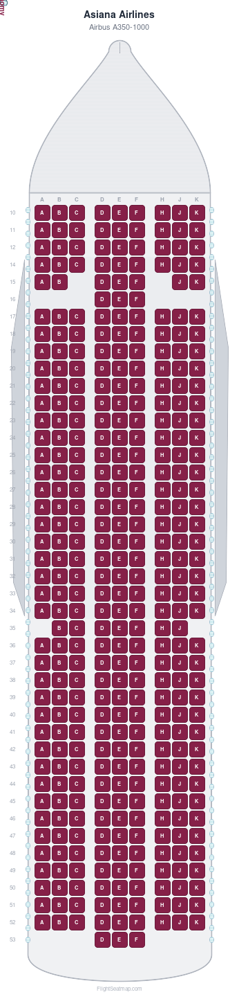 Asiana Airlines Airbus A350-1000 seat map layout showing 1-class configuration with 371 seats