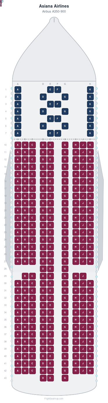 Asiana Airlines Airbus A350-900 seat map layout for flight OZ211 from SFO to ICN