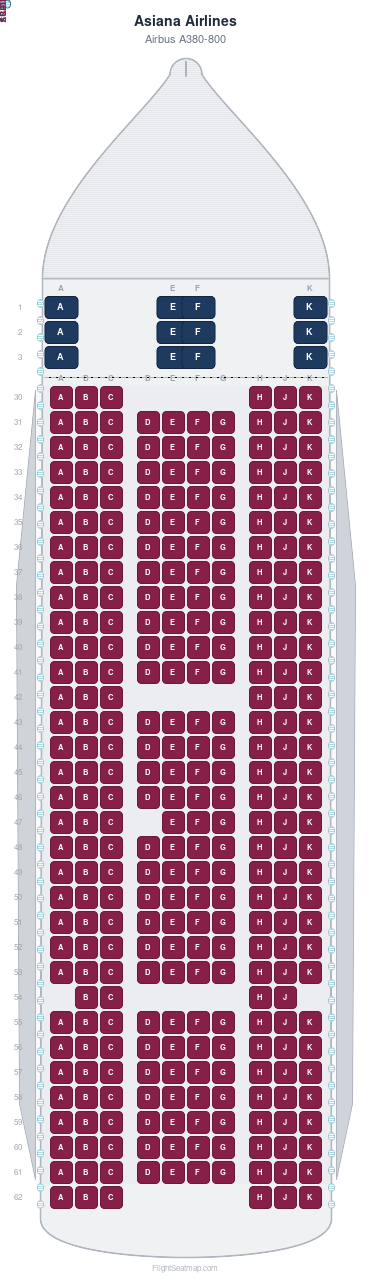 Asiana Airlines Airbus A380-800 seat map layout showing 2-class configuration with 495 seats