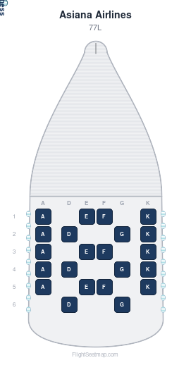 Asiana Airlines 77L seat map layout showing 1-class configuration with 22 seats