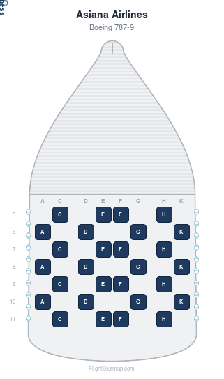 Asiana Airlines Boeing 787-9 seat map layout showing 1-class configuration with 28 seats