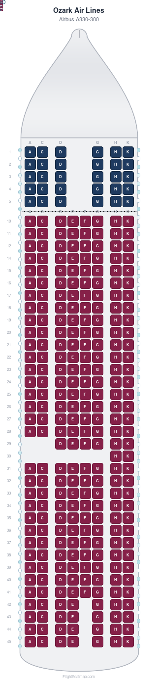 Ozark Air Lines Airbus A330-300 seat map layout for flight OZ331 from ICN to PEK