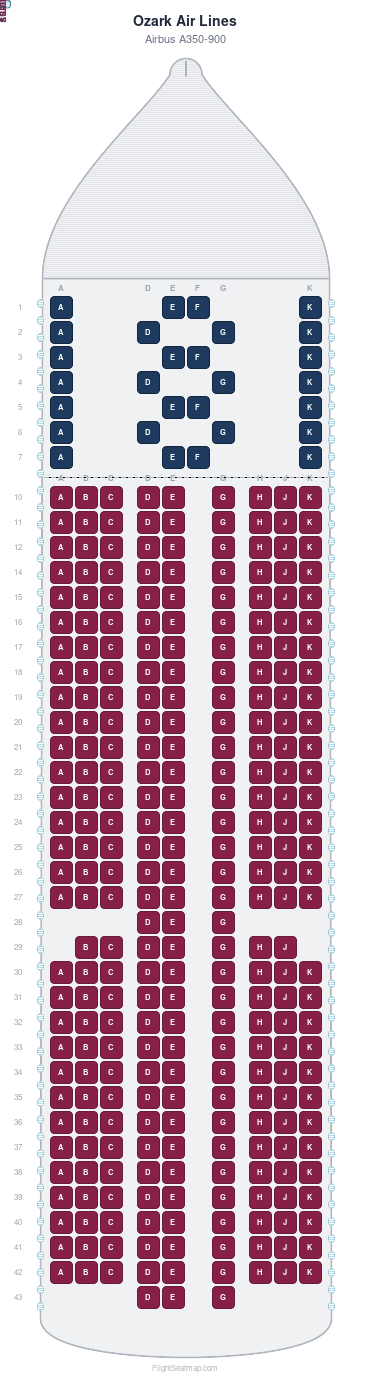 Ozark Air Lines  seat map layout for flight OZ201 from LAX to ICN