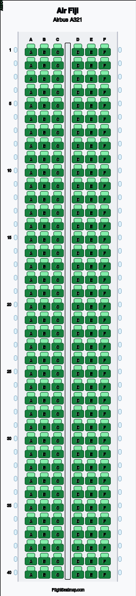Air Fiji Airbus A321 seat map layout showing 1-class configuration with 240 seats