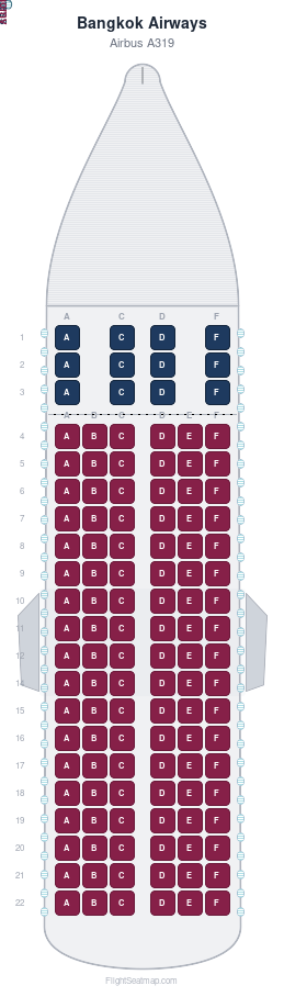 Bangkok Airways Airbus A319 seat map layout showing 2-class configuration with 120 seats