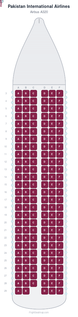 Pakistan International Airlines Airbus A320 seat map layout showing 1-class configuration with 161 seats
