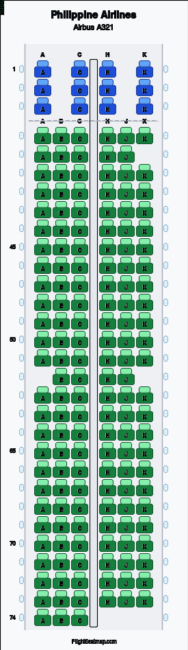Philippine Airlines Airbus A321 seat map layout showing 2-class configuration with 168 seats