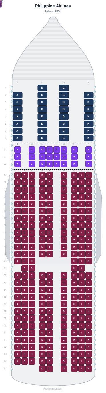 Philippine Airlines Airbus A350 seat map layout for flight PR127 from JFK to MNL