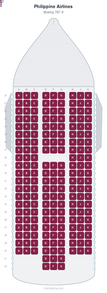Philippine Airlines Boeing 787-9 seat map layout showing 1-class configuration with 192 seats
