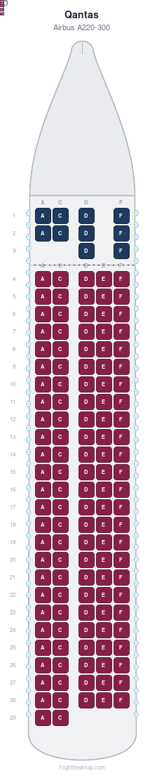 Qantas Airbus A220-300 seat map layout for flight QF1294 from HBA to MEL