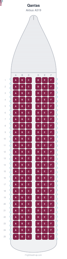 Qantas Airbus A319 seat map layout showing 1-class configuration with 150 seats