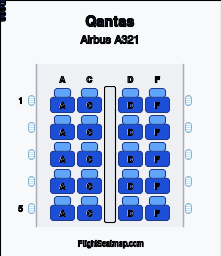 Qantas Airbus A321 seat map layout for flight QF4807 from DFW to MSY