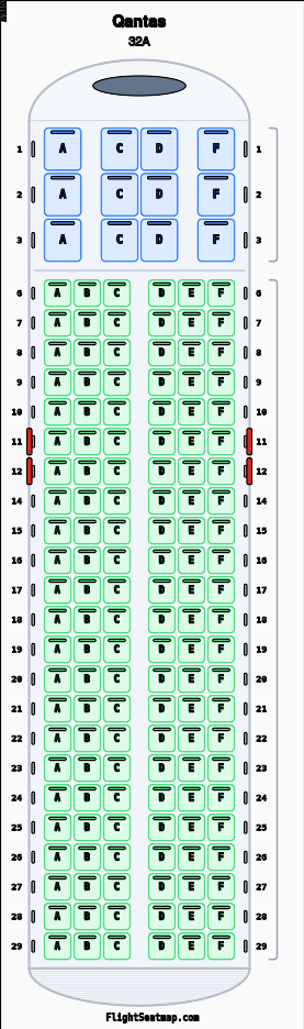 Qantas 32A seat map layout showing 2-class configuration with 150 seats