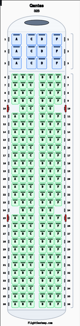 Qantas 32B seat map layout showing 2-class configuration with 188 seats