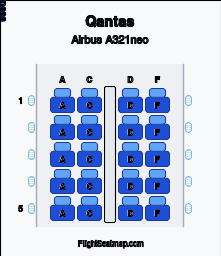 Qantas Airbus A321neo seat map layout showing 1-class configuration with 20 seats