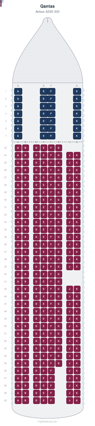 Qantas Airbus A330-300 seat map layout for flight QF296 from BKK to SYD