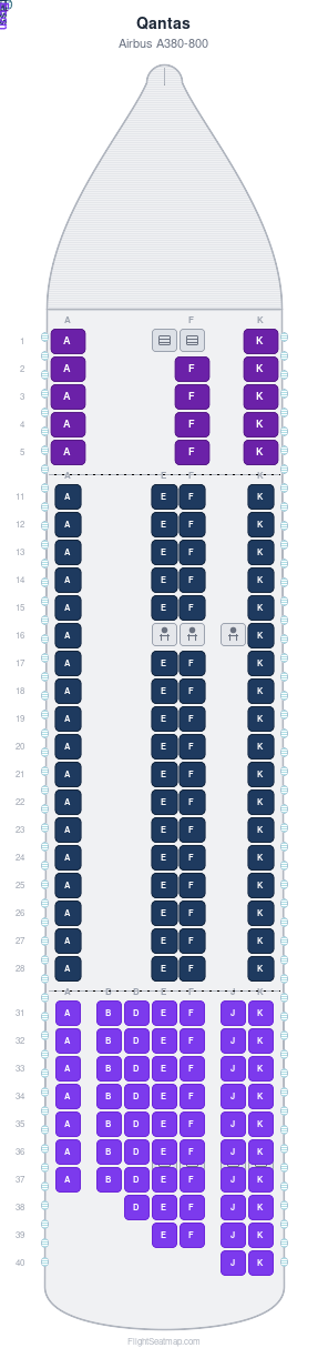Qantas Airbus A380-800 seat map layout for flight QF12 from LAX to SYD