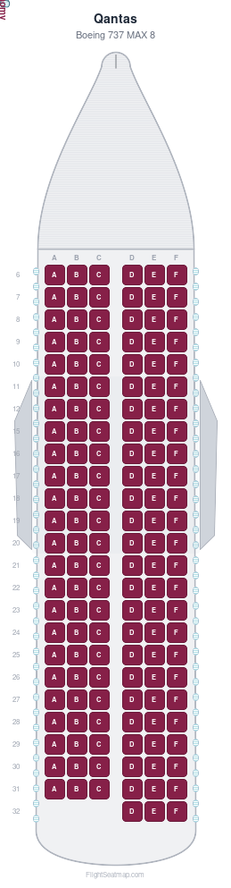 Qantas Boeing 737 MAX 8 seat map layout showing 1-class configuration with 147 seats
