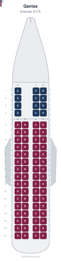 Qantas Embraer E175 seat map layout for flight QF3663 from LAX to LAS