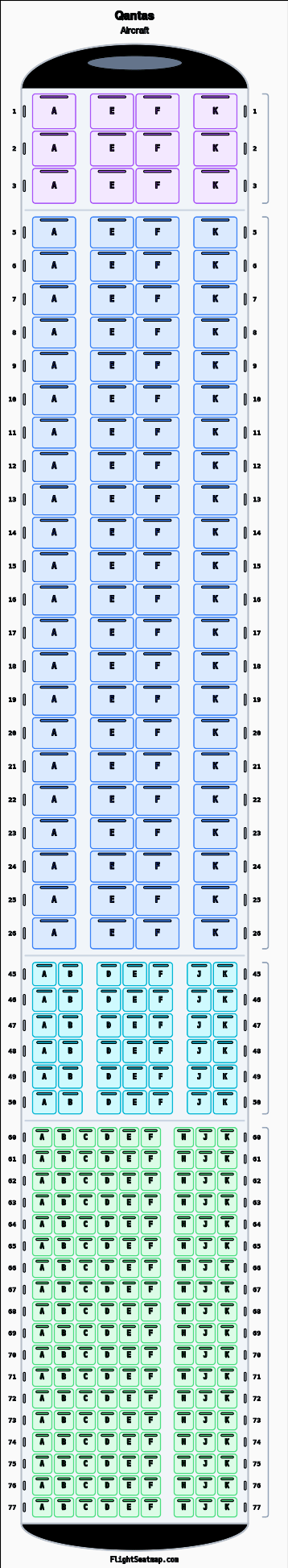 Qantas  seat map layout showing 4-class configuration with 304 seats
