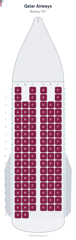 Qatar Airways Boeing 737 seat map layout showing 1-class configuration with 100 seats