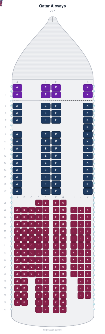 Qatar Airways Boeing 777 seat map layout for flight QR5943 from DOH to LHR