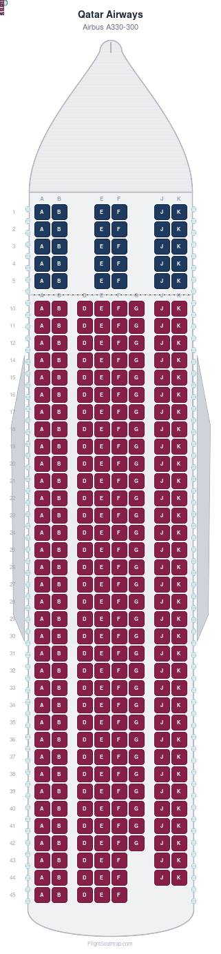 Qatar Airways Airbus A330-300 seat map layout showing 2-class configuration with 305 seats