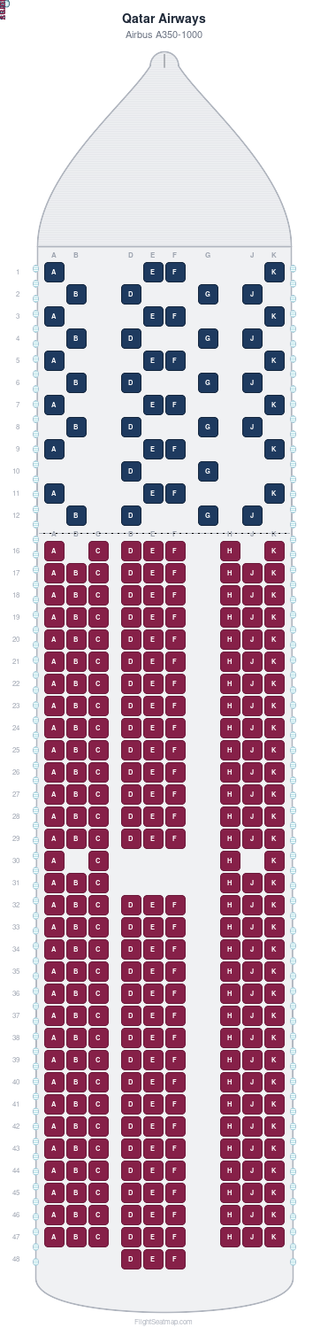 Qatar Airways Airbus A350-1000 seat map layout for flight QR1 from DOH to LHR