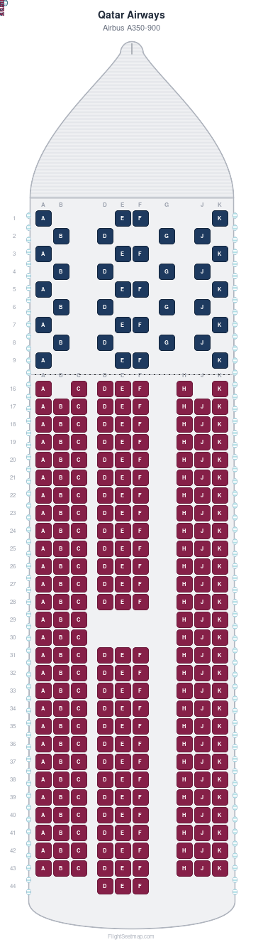 Qatar Airways Boeing 787-8 seat map layout for flight QR32 from EDI to DOH
