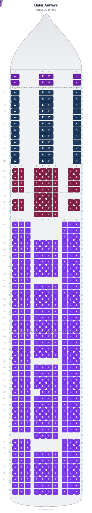 Qatar Airways Airbus A380-800 seat map layout for flight QR834 from DOH to BKK