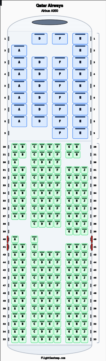 Qatar Airways Airbus A350 seat map layout for flight QR4993 from DOH to KUL