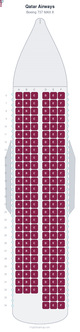 Qatar Airways Boeing 737 MAX 8 seat map layout showing 1-class configuration with 162 seats