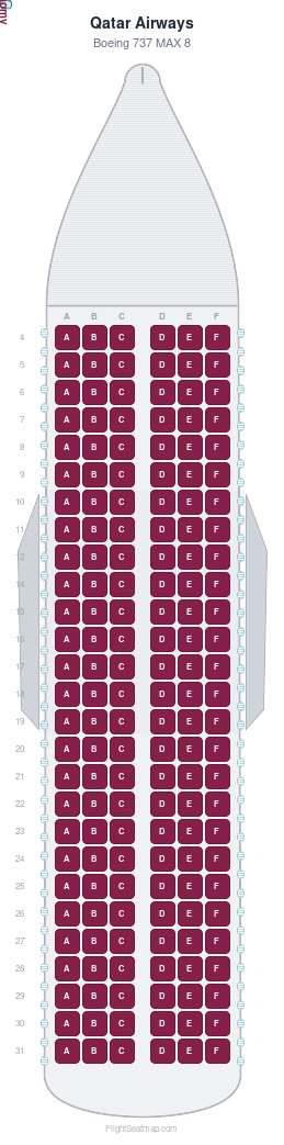 Qatar Airways Boeing 737 MAX 8 seat map layout showing 1-class configuration with 162 seats