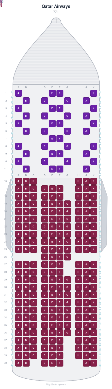 Qatar Airways Boeing 777-200LR seat map layout for flight QR785 from DOH to GRU