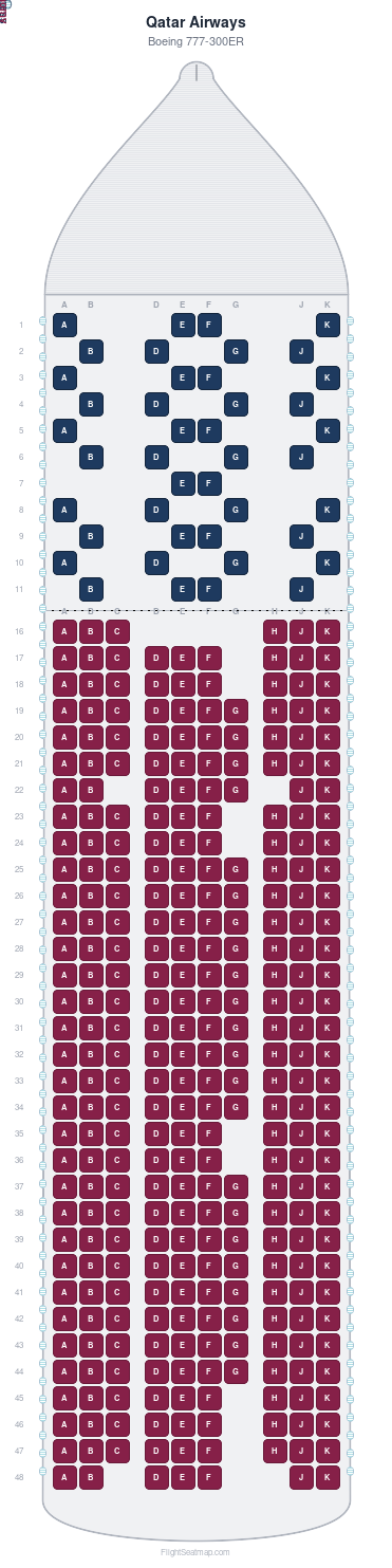 Qatar Airways Boeing 777-300ER seat map layout for flight QR843 from HKT to DOH