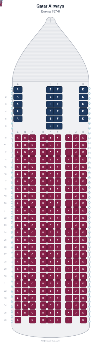 Qatar Airways Boeing 787-8 seat map layout for flight QR328 from LGW to DOH