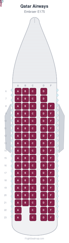 Qatar Airways Embraer E175 seat map layout showing 1-class configuration with 86 seats