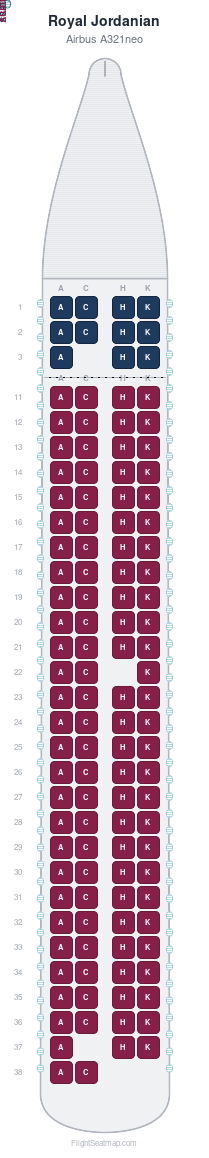 Royal Jordanian Airbus A321neo seat map layout showing 2-class configuration with 119 seats