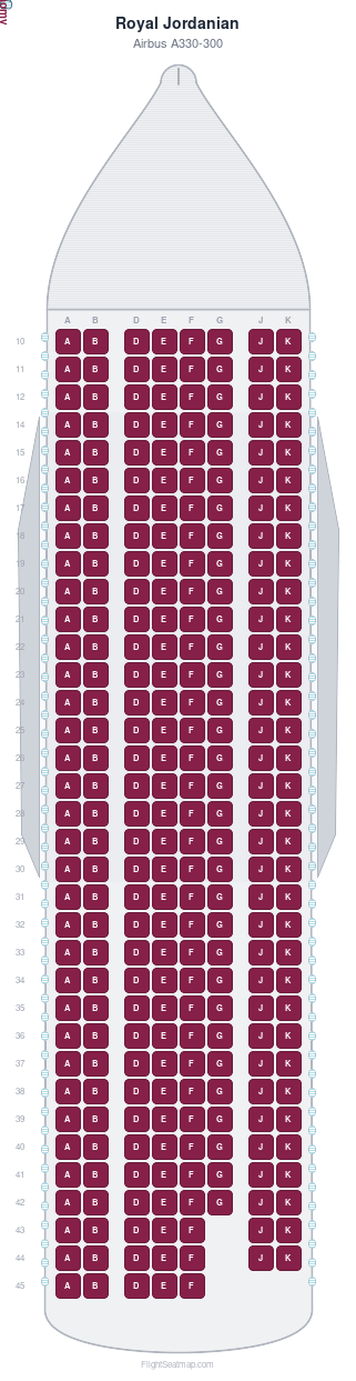 Royal Jordanian Airbus A330-300 seat map layout showing 1-class configuration with 275 seats