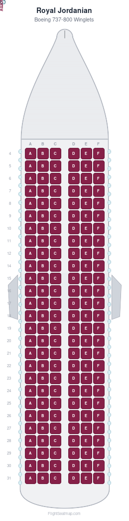 Royal Jordanian Boeing 737-800 Winglets seat map layout showing 1-class configuration with 162 seats