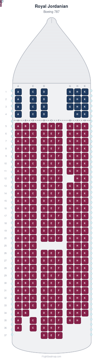 Royal Jordanian Boeing 787 seat map layout showing 2-class configuration with 267 seats