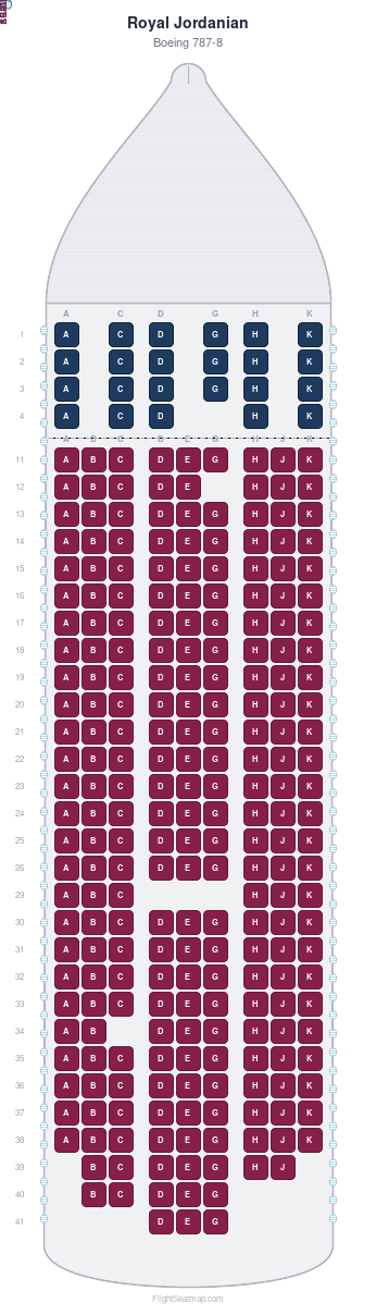 Royal Jordanian Boeing 787-8 seat map layout for flight RJ264 from ORD to AMM