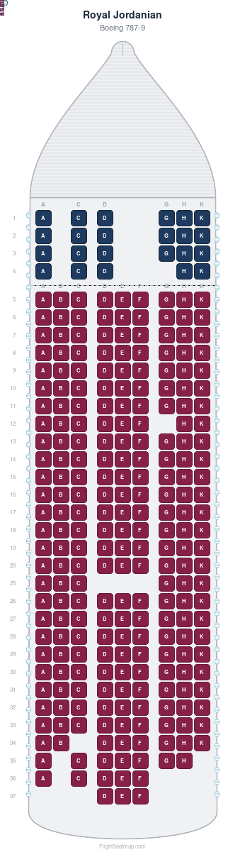 Royal Jordanian Boeing 787-9 seat map layout showing 2-class configuration with 267 seats