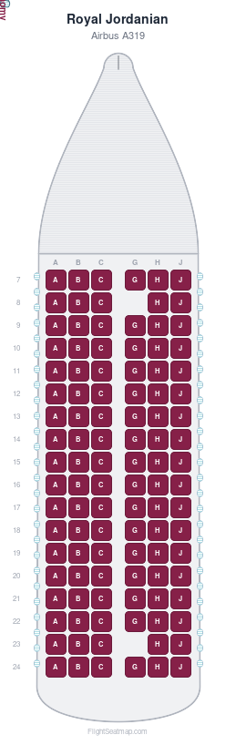 Royal Jordanian Airbus A319 seat map layout showing 1-class configuration with 106 seats