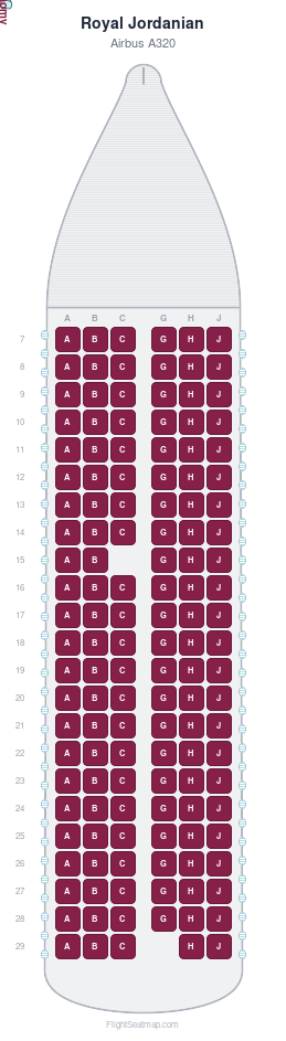 Royal Jordanian Airbus A320 seat map layout showing 1-class configuration with 136 seats