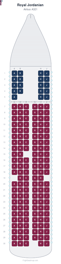 Royal Jordanian Airbus A321 seat map layout showing 2-class configuration with 159 seats